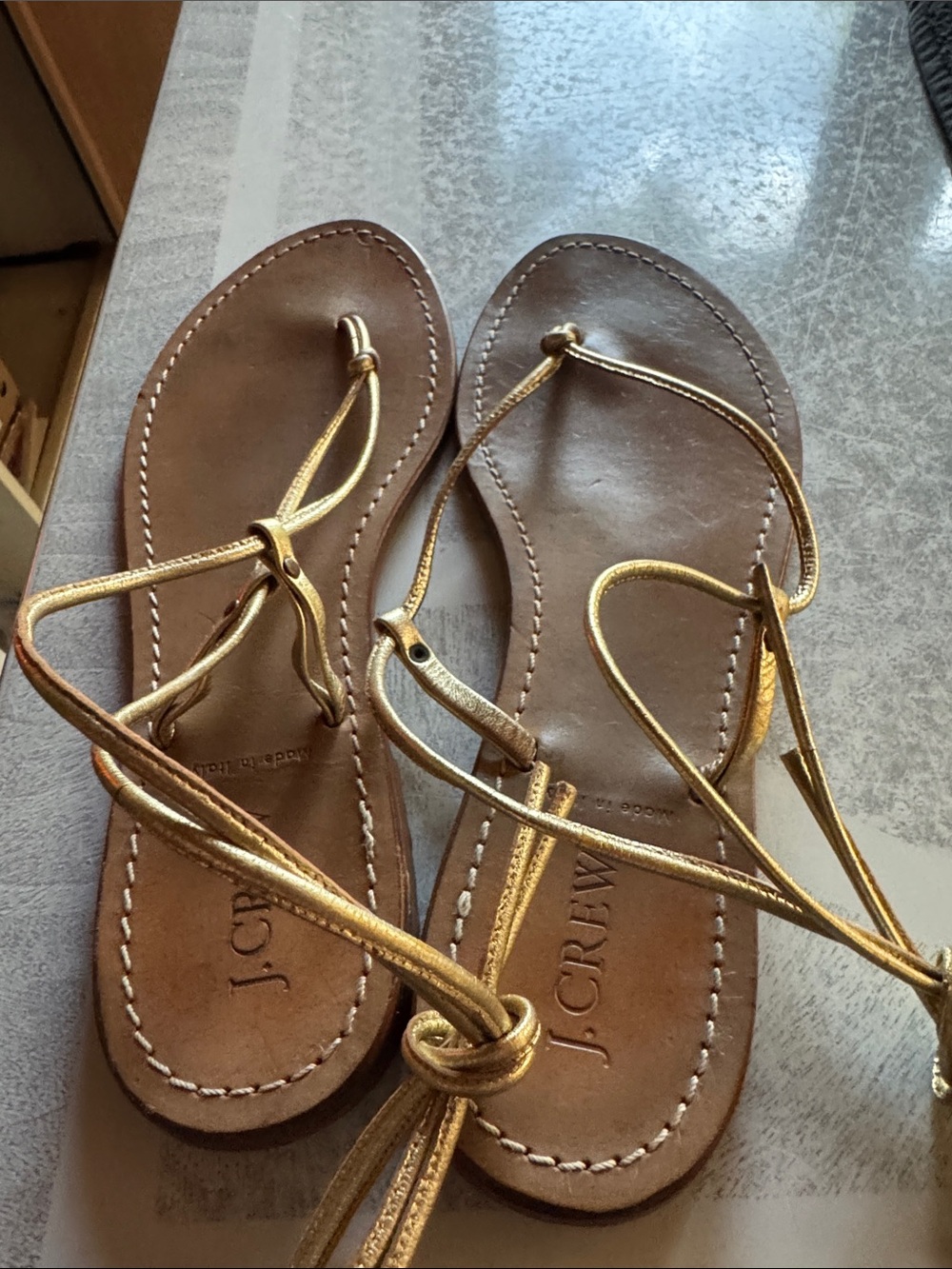 J. Crew Gold Strappy Leather Lace-Up Sandals